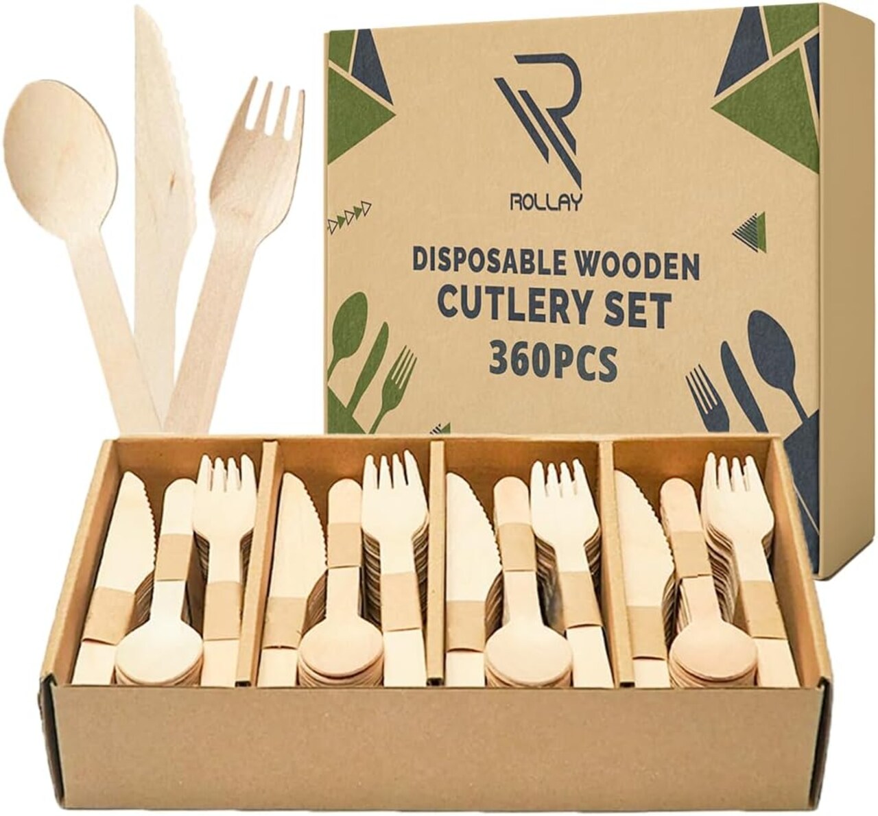 360 PCS Disposable Wooden Cutlery Set - Biodegradable Cutlery Set with Wooden Spoons, Forks, and Knives - Compostable Cutlery Wooden Utensils for Parties, Camping, and Picnic